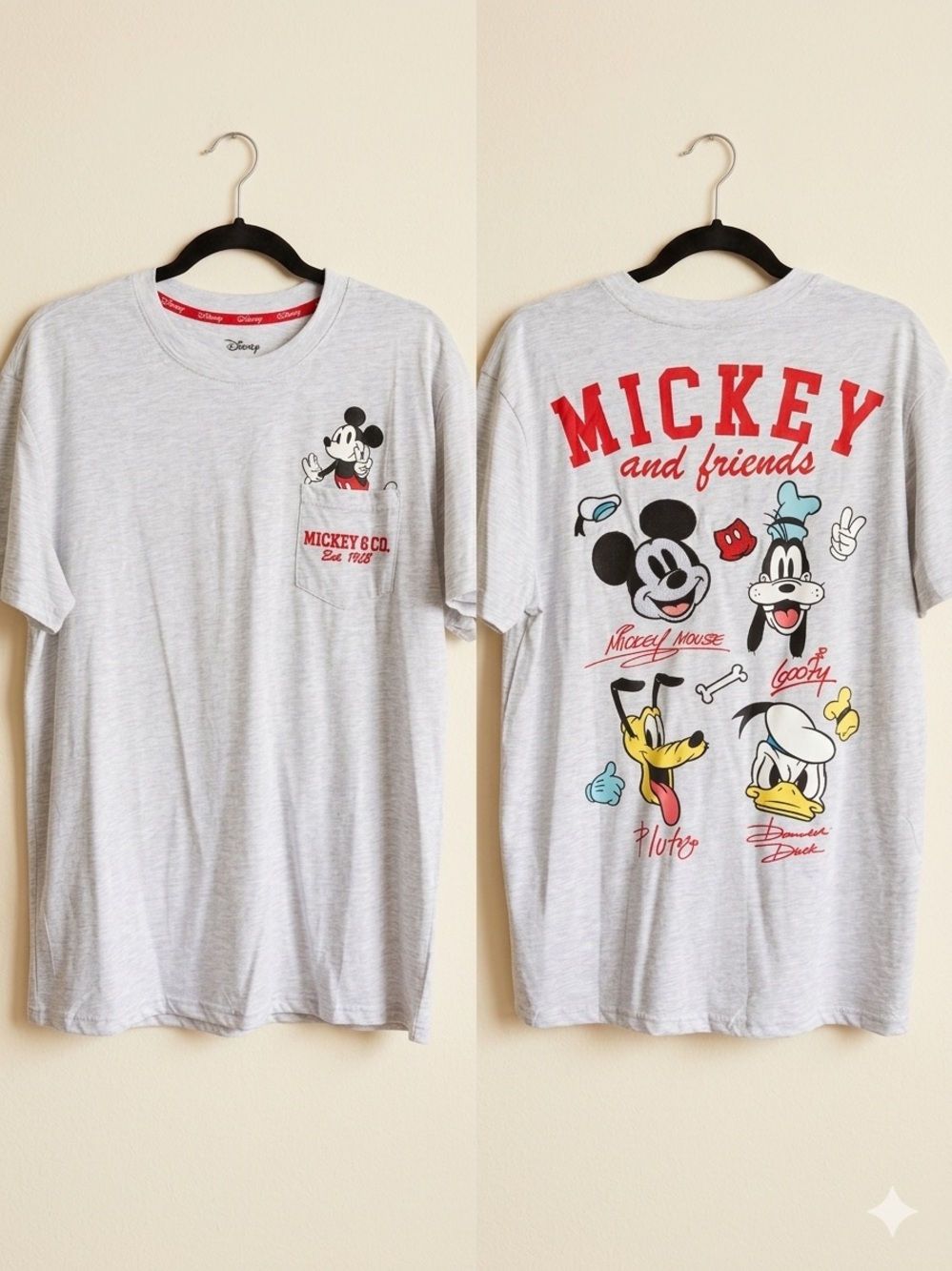NWT Disney Light Gray Tee with Red Mickey & Friends Graphics Unisex